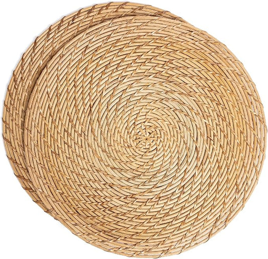Over&Back Set of 2 Natural Rattan Round Placemats - Hand-Made Dining Table Charger/Mat - Made with Natural Fibers - Kitchen and Home Decor - 15" Diameter - Brown
