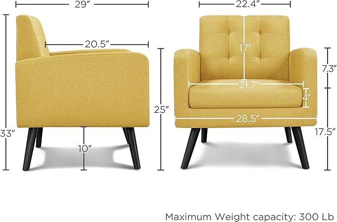 Yaheetech Mid-Century Accent Chairs, Modern Upholstered Living Room Chair, Cozy Armchair Button Tufted Back and Wood Legs for Bedroom/Office/Cafe, Yellow