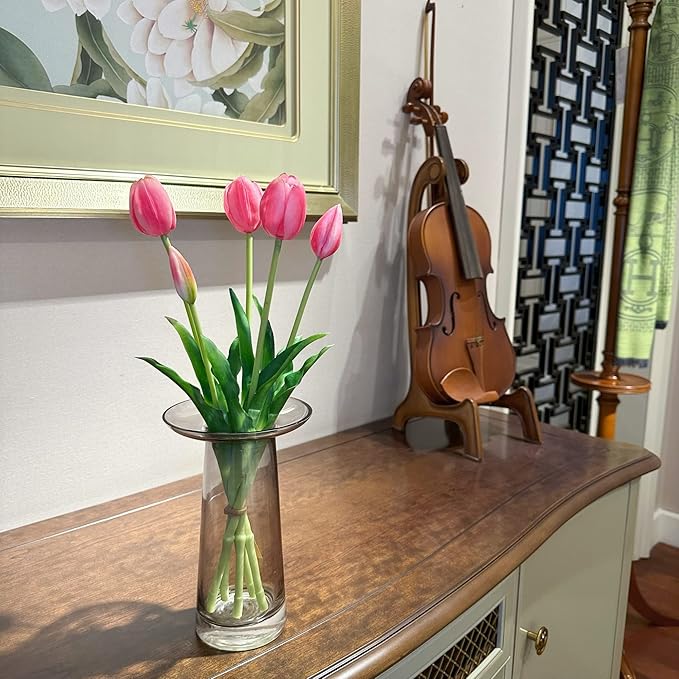 16-inch Premium Real Touch Fake Tulips, Artificial Flowers with Buds, Flexible Stem Easy to Shape, Faux Tulips (Vase not Included), 5-Pack Set of Vibrant Pink