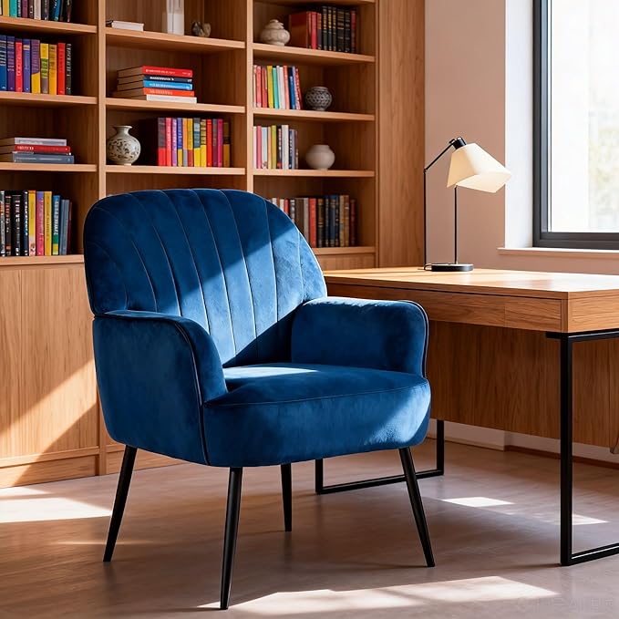 Velvet Accent Chair, Modern Upholstered Single Sofa Side Living Room Chair, Comfy Reading Armchair with Metal Legs for Bedroom, Waiting Room, Office and Cafe, Blue