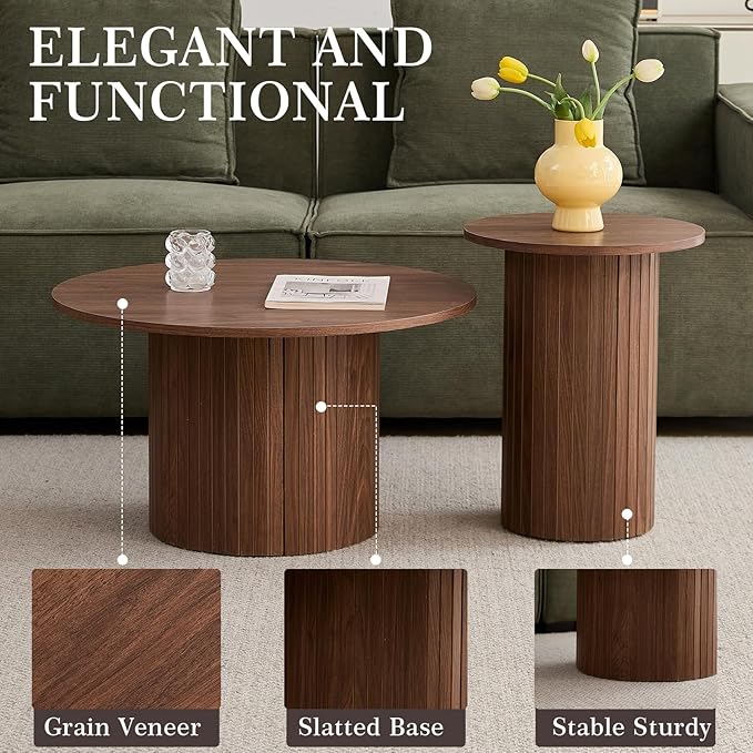 Small Nesting Table Set of 2 Mid Century Modern Wood Round Coffee Tables Boho Circle Side Table for Small Spaces Living Room Comedor Home Office(Walnut)