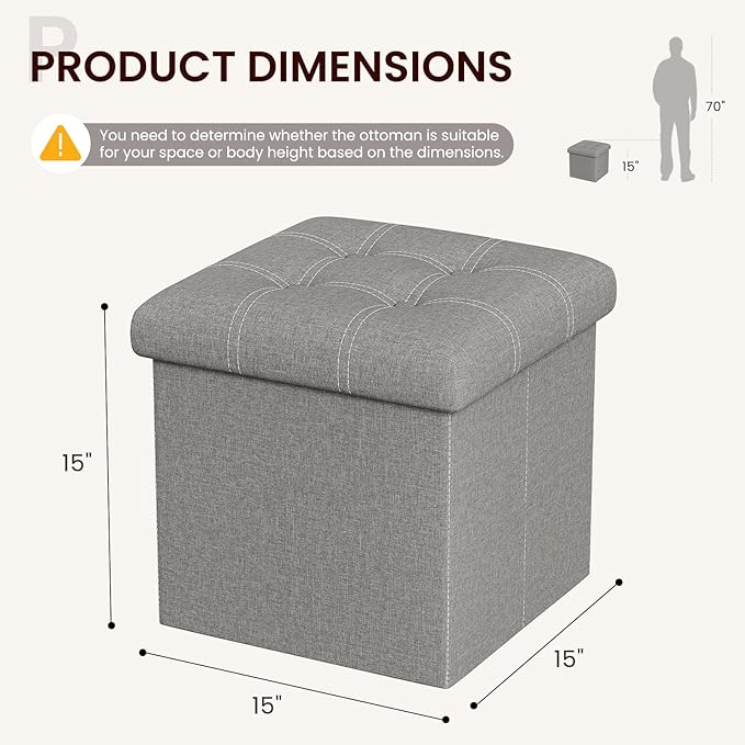 YOUDENOVA 15 inches Storage Ottoman Cube, Foldable Storage Boxes, Padded Seat for Dorm Living Room, Support 300lbs, Line Fabric Grey