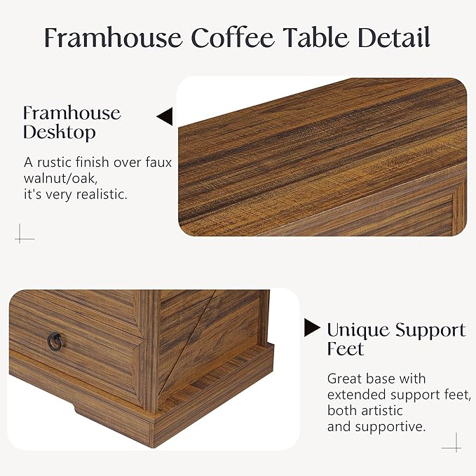 Coffee Table with Storage, 47.2 in Rustic Wooden Center Table with 4 Drawers for Living Room, Easy Assembly Rectangle Home Office Farmhouse Tea Accent Table for Apartment, Walnut