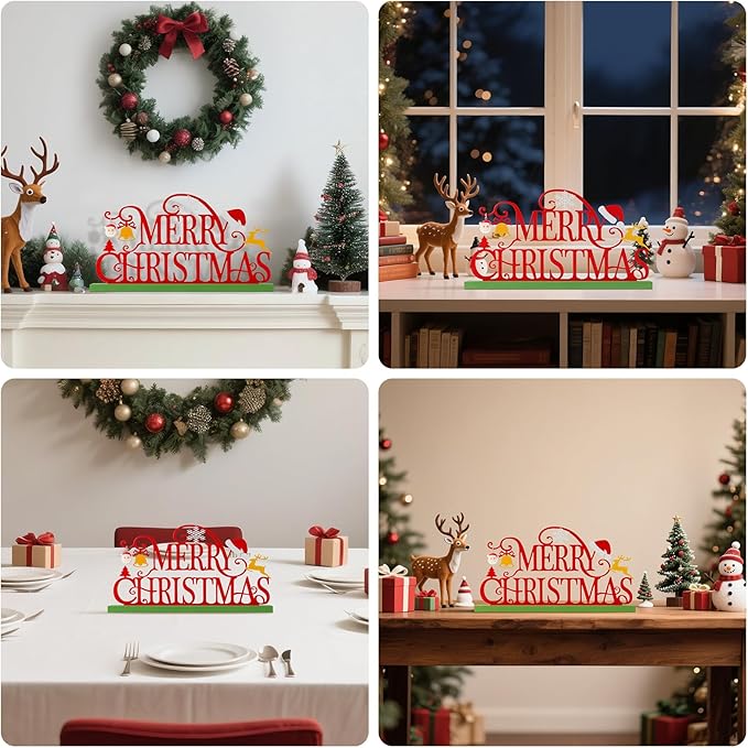 Metal Holiday Table Sign Decor, Decorations Tabletop Centerpiece for Home, Office, Shelf, Tiered Tray, Mantel, Indoor, Merry Christmas