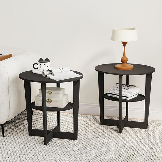 Living Room End Table Set of 2, Small Coffee Table, Wooden Side Tables with 2-Tier Open Storage for Small Spaces, Apartment Home Office, Black