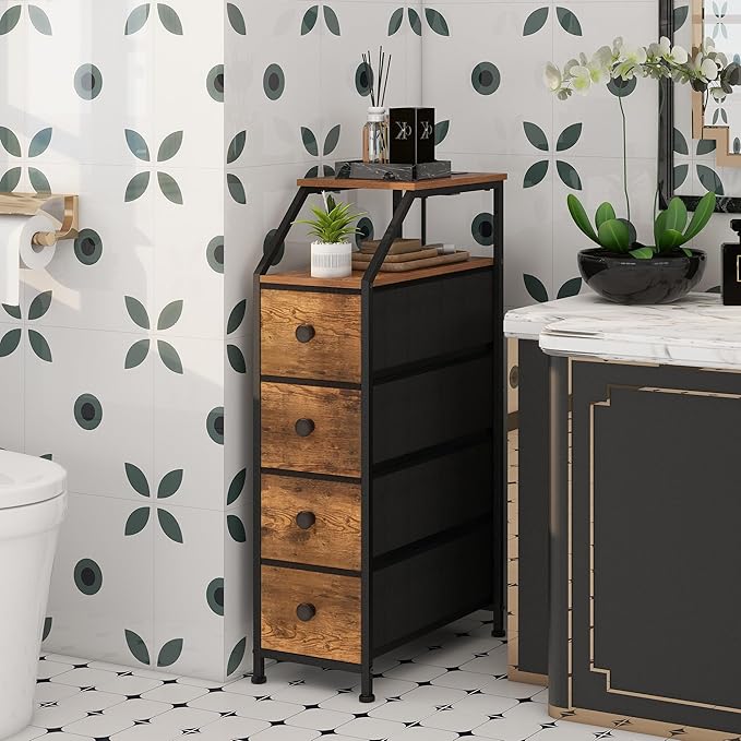 Tohomeor Narrow Dresser Tall Skinny Storage Tower Vertical Slim Chest of Drawers with Charging Station Small Nightstand Side Table for Bedroom, Bathroom, Small Spaces (Rustic Brown, 4 Drawers)