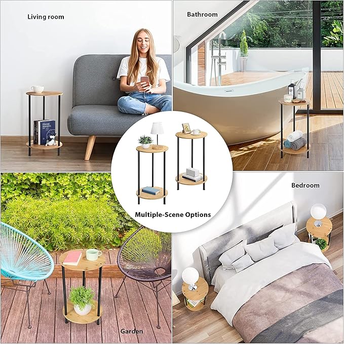 Small Round Table Set of 2, End Tables Living Room, Side Tables for Small Spaces, 2 Tiers Rustic Accent Tables, Night Stands for Bedrooms, Coffee Tables With Storage Shelf