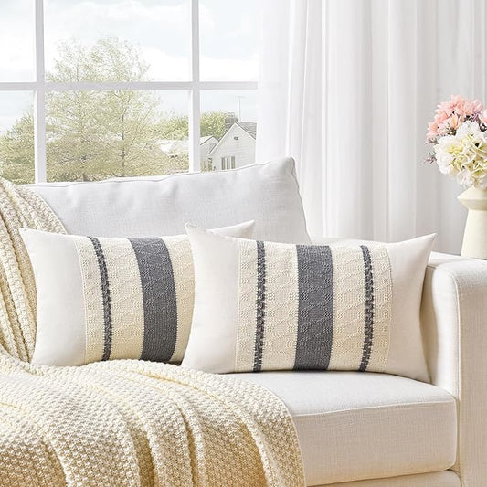 Fancy Homi Set of 2 Neutral Grey Farmhouse Long Lumbar Decorative Throw Pillow Covers 12x24 Inch for Couch Bed Chair, Vintage Country Rustic Retro Room Decor, Soft Thick Cotton Rectangle Cushion Case