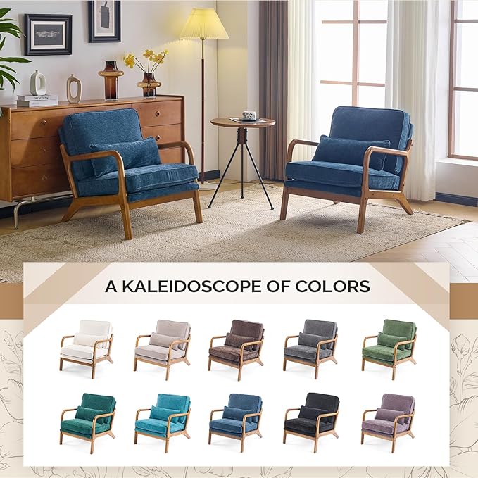 VINGLI Chenille Mid-Century Modern Accent Chair Set of 2, Cute Reading Arm Chair with Cushion & Lumbar Pillow & Solid Wood Frame for Lounge, Living Room, Reading Room, Bedroom, Blue