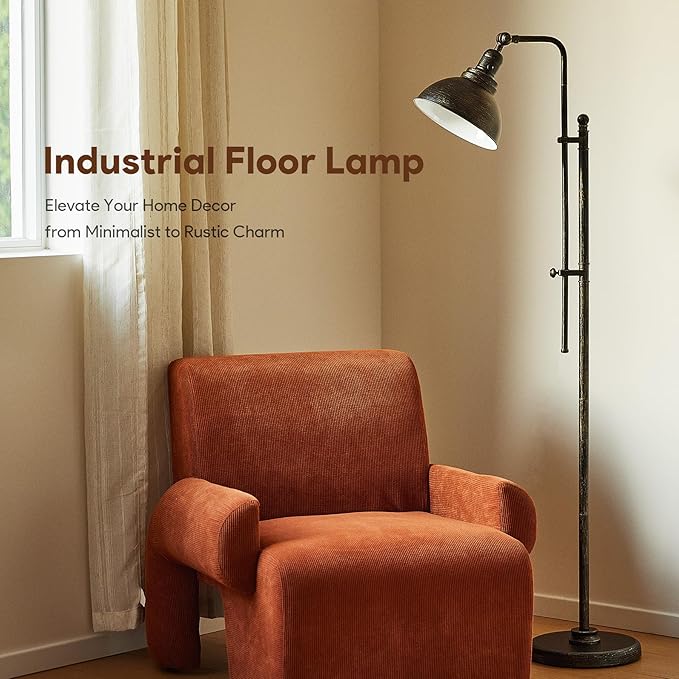 VONLUCE Floor Lamp for Living Room, 65'' Tall Industrial Floor Lamp, Adjustable Height & Head Vintage Metal Standing Reading Lamp for Bedroom, Office, Farmhouse, ETL Certificate