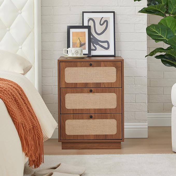 16 Inch Nightstand Set of 2, Mid-Century Wood Night Stand with 3 Storage Drawer, Farmhouse Small Linen Decor End Table for Sofa Couch, Side Tbale for Bedside Bedroom, Living Room (Walnut)