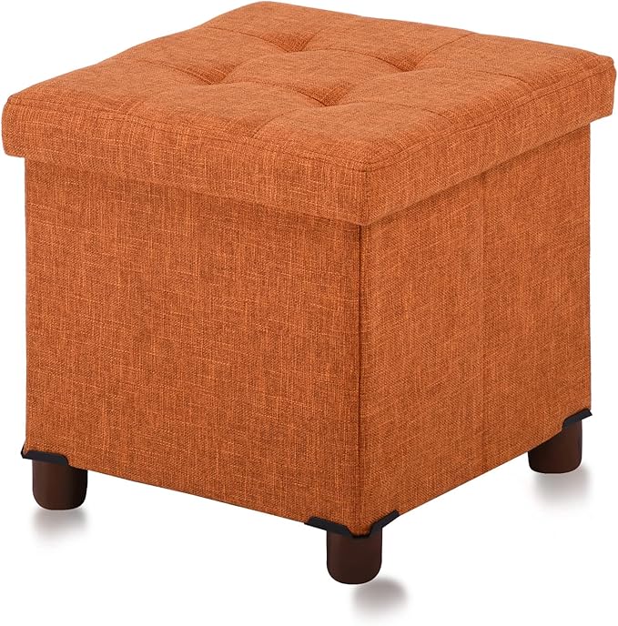 15 Inch Storage Ottoman with Wooden Legs - Cube Foot Rest Stool, Square Footstool, Comfortable Seat with Lid, Foldable Fabric Ottoman, Space-Saving Orange