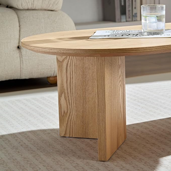39.37'' Oval Coffee Table for Living Room, MDF Coffee Table Center Table for Bedroom, Modern Coffee Table End Table Side Table Accent Tea Table with Sturdy Pedestal for Apartment Office, Oak