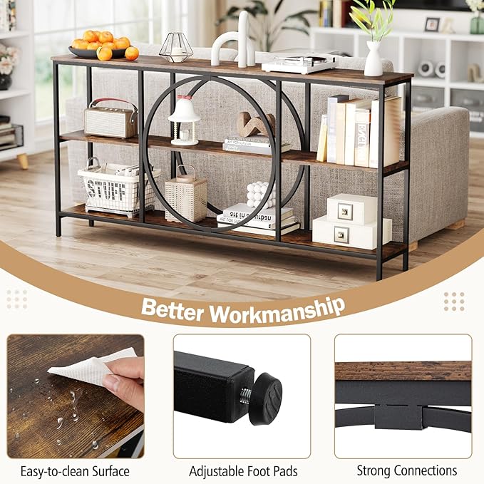 Giantex Narrow Long Console Table, 3-Tier Entryway Table with Faux Wood Grain Top&Heavy-Duty Metal Frame, Mid-Century Accent Sofa Tables with Open Storage Shelves for Living Room, Hallway(Brown+Black)