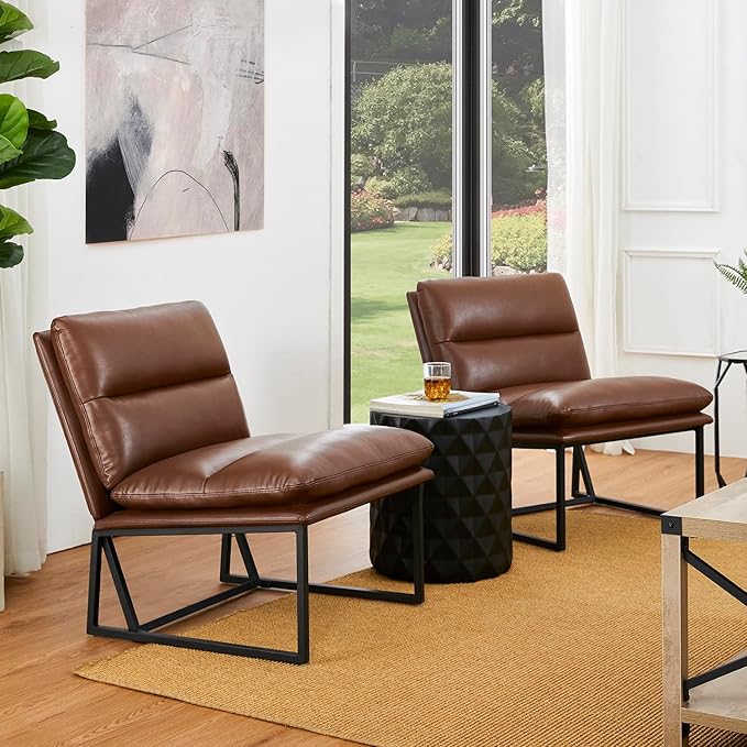 Glitzhome Mid Century Modern Accent Chairs Set of 2, Living Room Chairs with Metal Frame, Thick Leatherette Leisure Chairs Upholstered Chairs for Home Office -Coffee