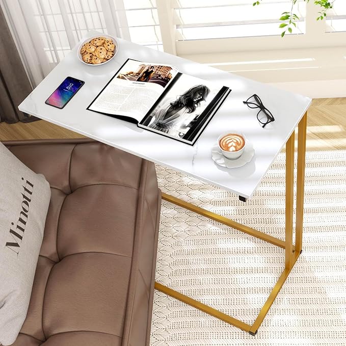 C-Shaped Side Table, Modern End Table with Metal Frame, Space Saving Design for Living Room，Large Surface Couch Table for Bedroom, and Home Office，24 x 12 x 24 inches (Marble White)