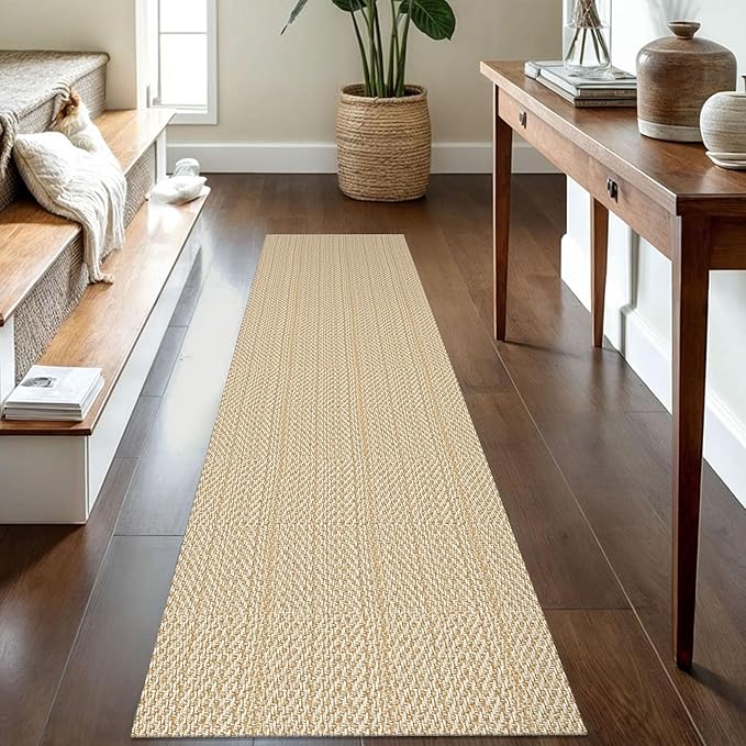 IOHOUZE Washable Runner Rug 2x8 Non Slip Rubber Backed Hallway Runner Entryway Runner Indoor, Kitchen Rugs Woven Cotton Floor Carpet for Kitchen Hall Entrance, Warm Beige/Orange/Apricot