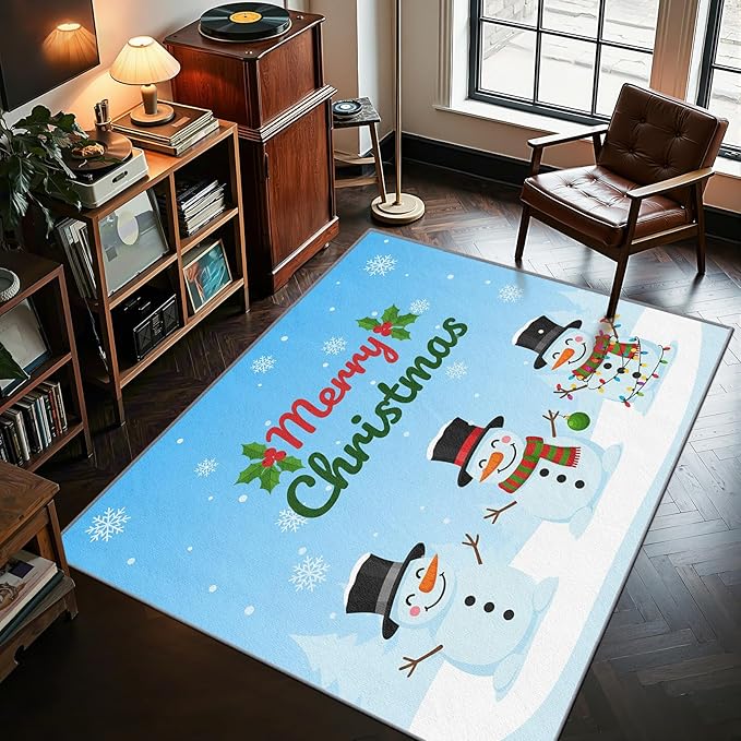 Christmas Rug 4x6-3x5 Rug, Cute Snowman Door Mat Indoor Entrance, Merry Christmas Entryway Throw Rugs, Winter Snowflake Carpet, Cartoon Xmas Kids Girls Boys Home Decor & Gifts