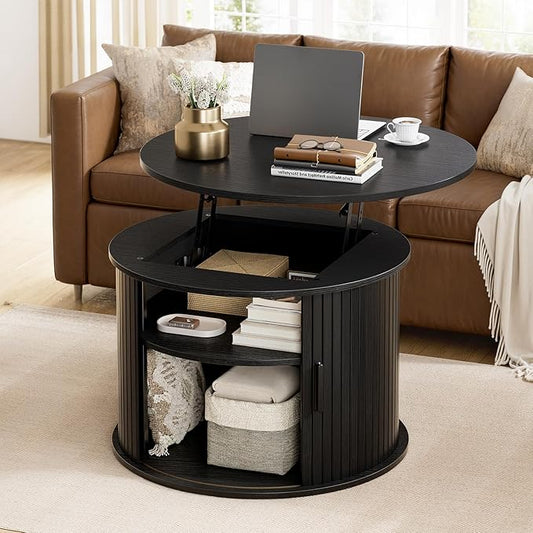 FABATO Round Lift Top Coffee Table, Fluted Wood Accent Coffee Table with Hidden Storage and Open Shelves, Drum Table with Sliding Rolling Door, Small Center Table Dining Table for Living Room, Black