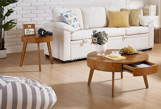 2 Piece Modern Farmhouse Coffee Table Set with Drawer, Boho Round Natural Real Wood Coffee Table for Living Room, Nesting Coffee Side Table Set with Radial Design, Wenger