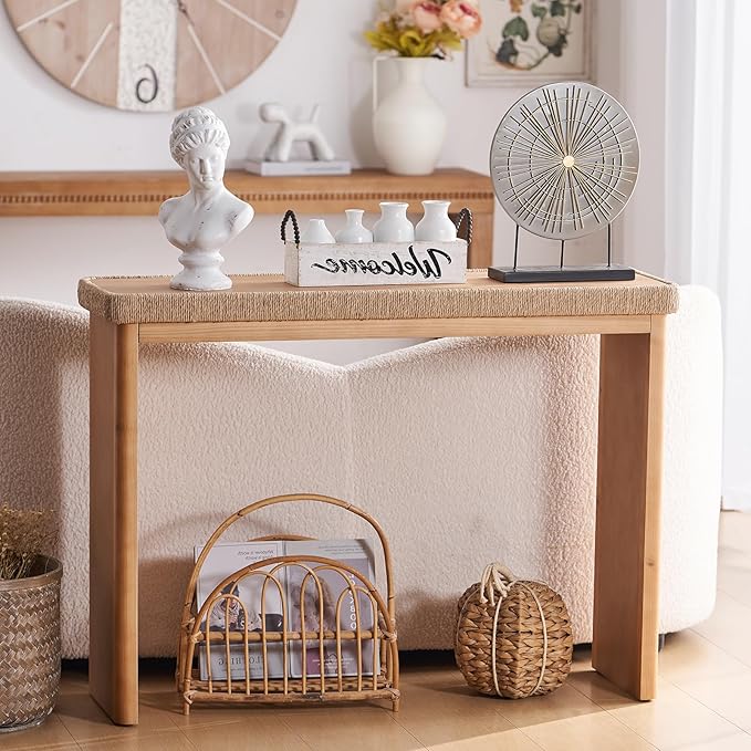 43" Wood Console Table for Entryway, Farmhouse Narrow Entry Tables with Rattan Decor, Boho Skinny Couch Table Behind Sofa for Living Room, Hallway, Foyer, Natural