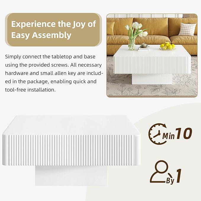 31.6" Square Wood Coffee Table Modern White Fluted Coffee Tables for Living Room Drum Coffee Table with Sturdy Pedesta Circular Center Table for Apartment Living Room,Easy Assembly