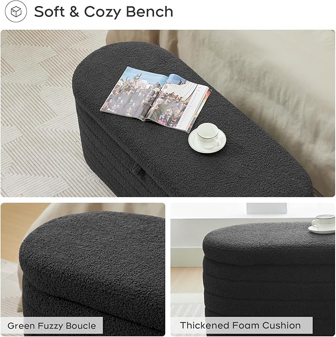 Storage Ottoman Bench End of Bed for Bedroom,45 inch Boucle Upholstered Entryway Shoe Seat Bench w/ Storage,Sherpa Modern Cute Padded Blanket Chest Stool Foot Rest for Living Room,Black