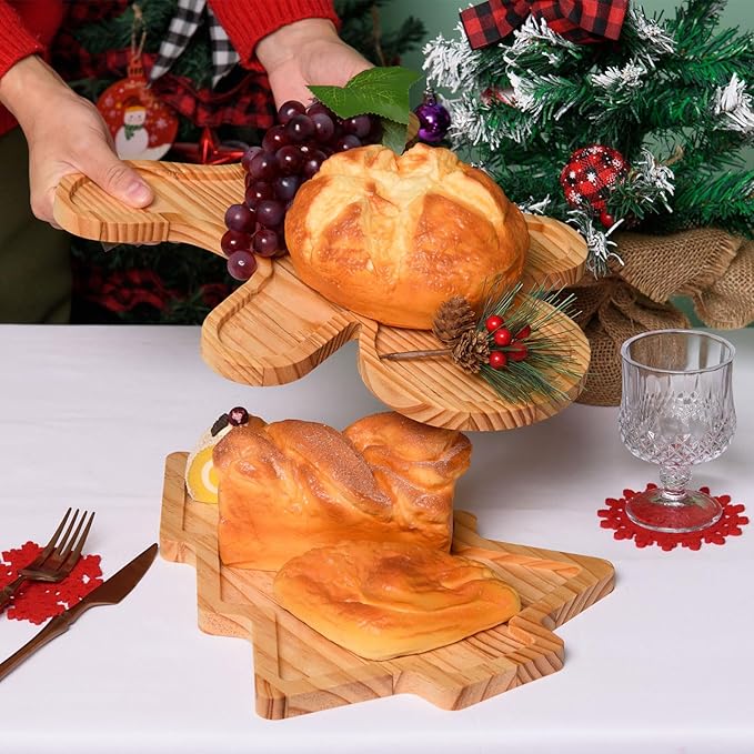 FOBSME 2 Pcs Christmas Wooden Serving Platters Christmas Tree and Gingerbread Man Charcuterie Boards Decorative Wood Trays Christmas Wood Snack Dish Plates for Xmas Holiday Housewarming Present