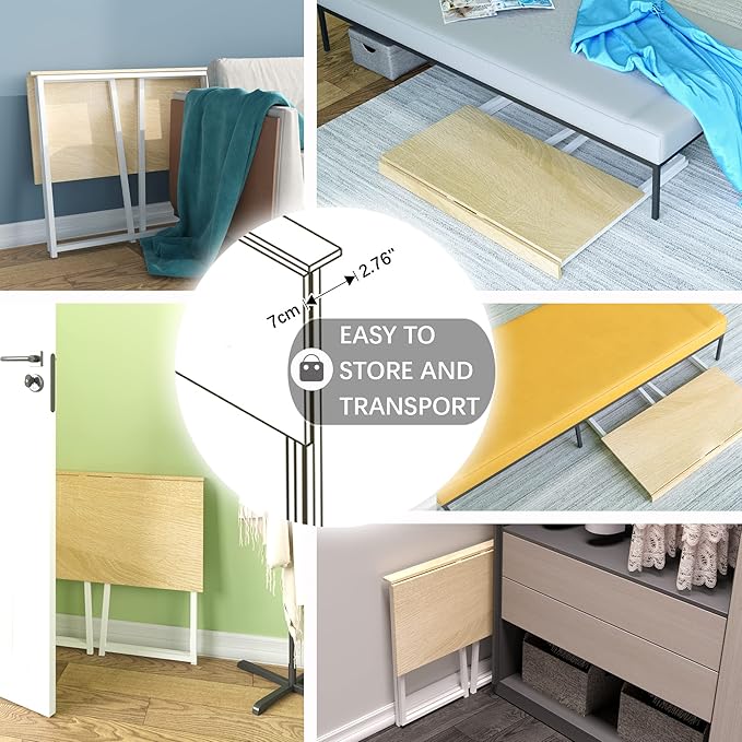 4NM 31.6" Small Folding Desk, Foldable Computer Home Office Desk, Study Writing Table for Small Space Saving Bedroom, with Storage Bag - Natural and White