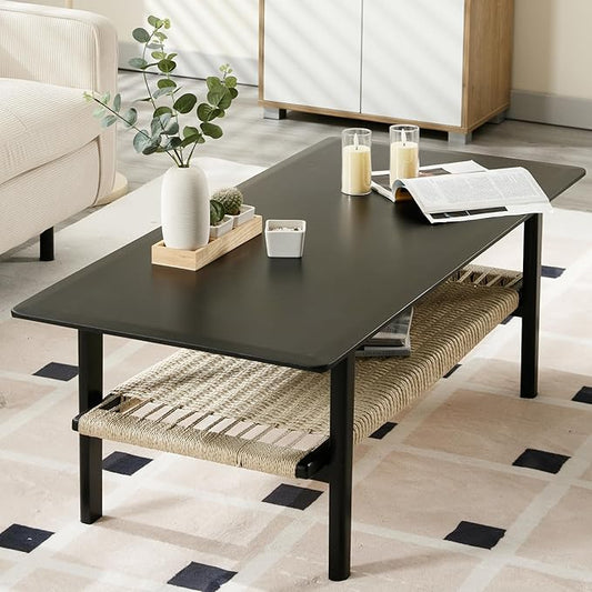 Farmhouse Coffee Table with Rattan Storage Boho Mid Centry Modern Center Table with Under Shelf Wood Living Room Table with Woven Shelf Underneath for Living Room Lounge, Black