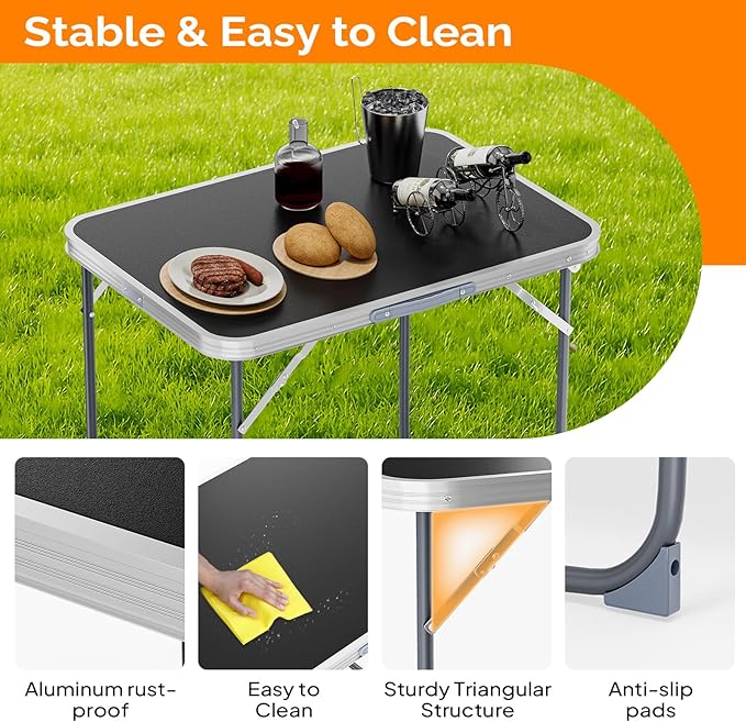 VINGLI 2.3FT Small Camping Table，Portable Camping Table with Carrying Handle, Picnic Table Foldable Table Essentials for Indoor Outdoor