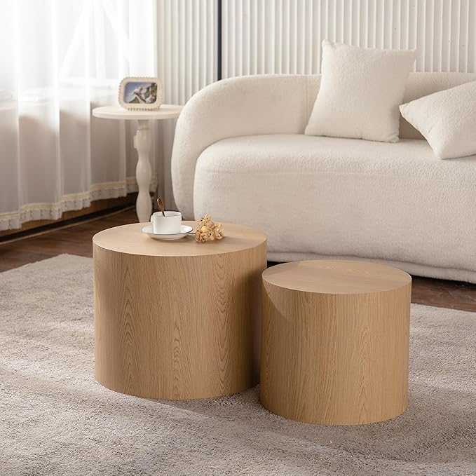 Nesting Coffee Table Set of 2, Modern Round Wooden Circle Accent Coffee Tables for Small Spaces Living Room Bedroom Balcony Office Drum Side Table