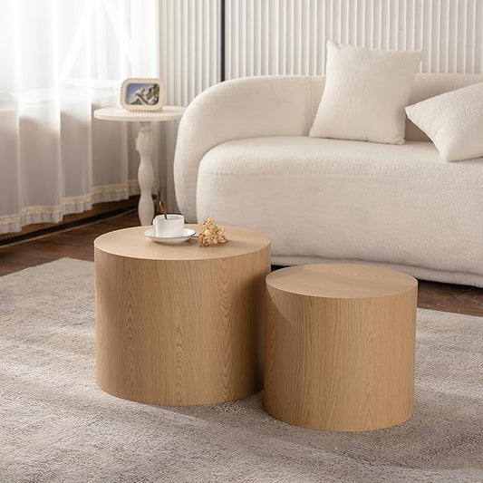 Nesting Coffee Table Set of 2, Modern Round Wooden Circle Accent Coffee Tables for Small Spaces Living Room Bedroom Balcony Office Drum Side Table
