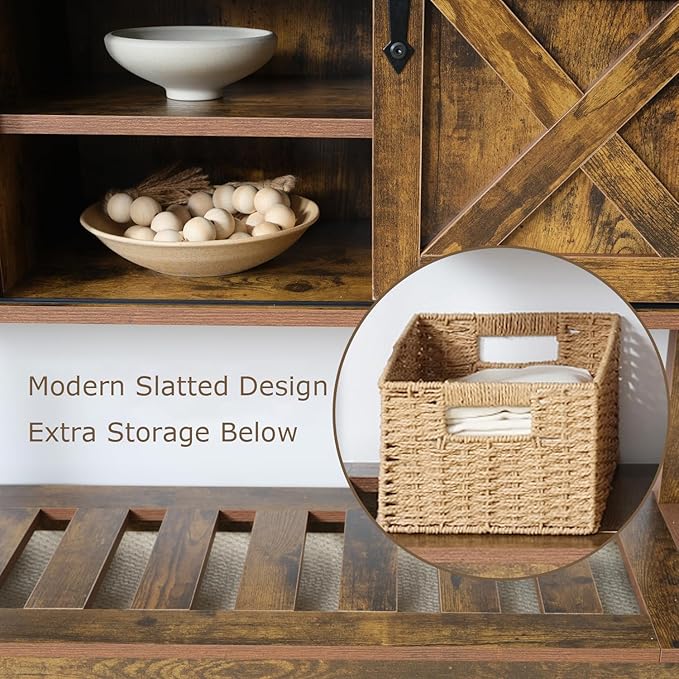 Entryway Table with Storage, Farmhouse Buffet Cabinet Coffee Bar Kitchen Island with Sliding Barn Doors & Shelves, Console Table for Kitchen, Dining Room, Living Room, Brown