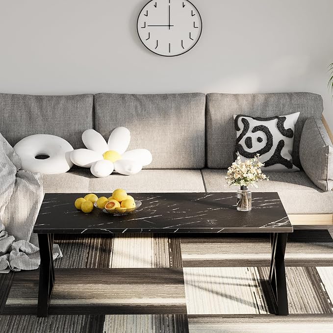 Coffee Table Living Room Table Black Center Table, Simple Modern Faux Marble Rectangular Tea Table with Sturdy Black-Finished Metal Frame,Industrial Wooden Coffee Table for Bedroom Home Office