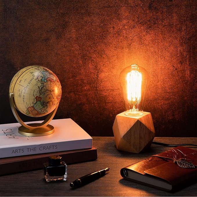 Riakrum 2 Pieces Industrial Wooden Lamp Base E26/ E27 Vintage Desk Lamp with Switch Plug Wood Small Lamp Base Polygon Industrial Night Light Boho Decor for Living Room Bedroom (No Bulb)