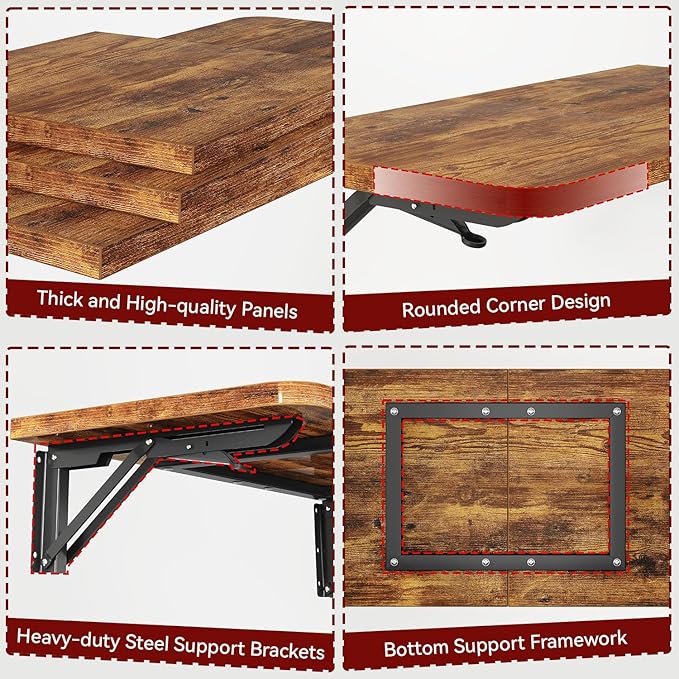 IBUYKE Wall Mounted Folding Table, Floating Wall Desk for Small Spaces, Fold Down Laundry Shelf with Heavy-Duty Brackets, Wall Table for Home Office/Bar/Kitchen/Dining, Rustic Brown UTVT005H