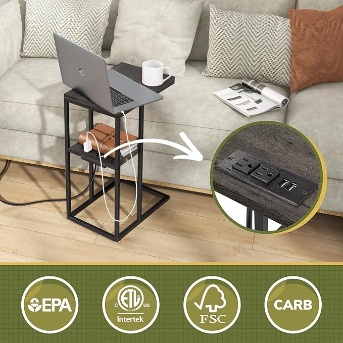 Yoobure C Shaped End Table with Charging Station for Living Room, Bedroom, Sofa Table with USB Ports and Outlets for Small Spaces, C Couch Rustic Snack Bed Table, Charcoal Gray
