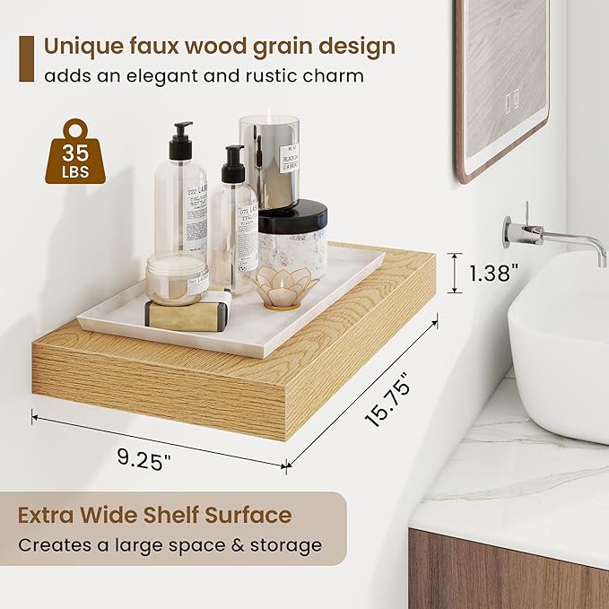 16in Floating Shelves for Wall, 16"W x 9.25"D x 1.25"H, 2 Pack Long Wall Mounted Engineered Wood Shelves with Invisible Brackets for Living Room, Bedroom, Bathroom, Kitchen Decor and Storage, Oak