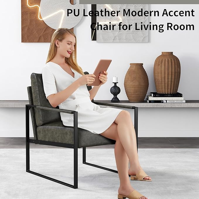 CANMOV Modern Accent Chair Set of 4, PU Leather Armchair with Metal Frame,Comfy Single Reading Chair with Soft Padded Backrest and Cushion for Living Room, Bedroom,Reading Room,Office,Dark Grey