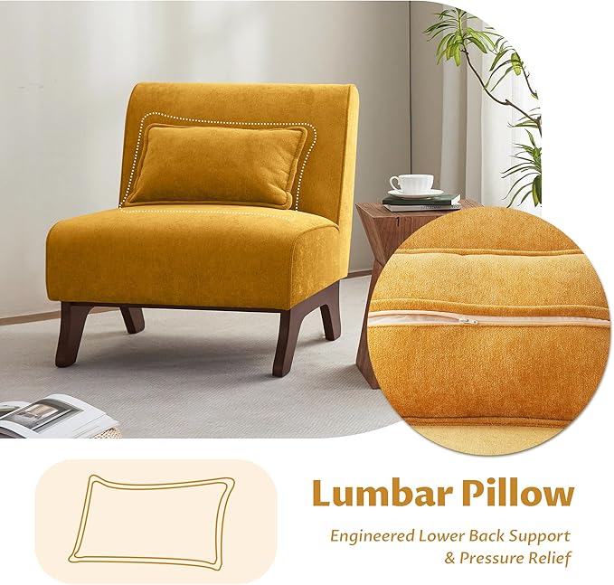 Upholstered Armless Accent Chair,Modern Comfy Living Room Chairs with Wooden Legs& Pillows,Lounge Sofa Side Chair for Bedroom Farmhouse Reading (Yellow, 1 PC)