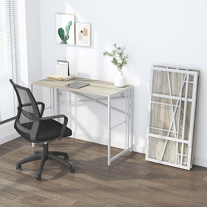 Folding Desk 40 inch Writing Gaming Computer Camping Table, No Assembly Required Home Office Desk, Beige