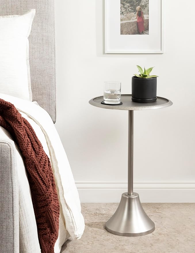 Kate and Laurel Sanzo Modern Pedestal Side Table; 15 x 15 x 24; Antique Silver; Decorative End Table with Hammered Tabletop for Use as a Bedroom Nightstand or Living Room Accent Table