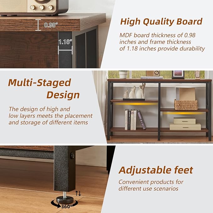 HOMBAZAAR Console Sofa Table, Rustic Entryway Table with Metal Frame and Open Shelves, Industrial Hallway Table with 3 Tier for Entry, Living Room, Foyer,Brown,47 inch