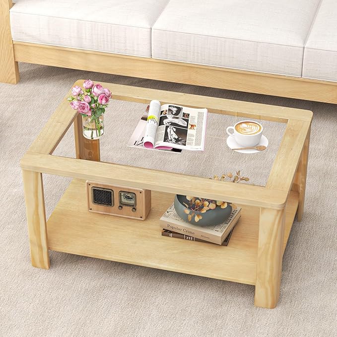 Tangkula 2-Tier Coffee Table, Rectangular Center Table with Tempered Glass Tabletop & Storage Shelf, Farmhouse Wooden Accent Table with Rounded Corners for Living Room (Natural)