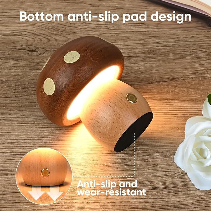 LED Wooden Mushroom Lamp, Rechargeable Battery Operated Portable Cordless Touch Switch Small Lamp, Stepless Dimming Night Light for Birthday Gifts