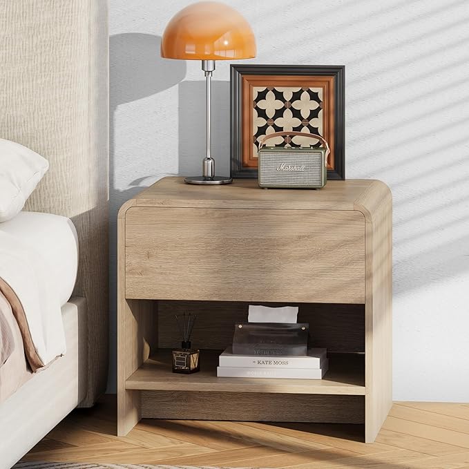 Nightstand with Drawer and Open Shelf, Wood Bedside Table Farmhouse End Table for Bedroom, Boho Night Stand Small Sofa Side Table for Living Room, Light Oak