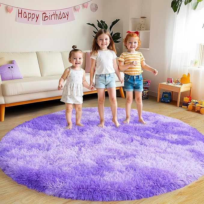Round Fluffy Rugs 5Ft for Girls Bedroom, Tie-Dyed Purple Shag Circle Kids Rug Non-Slip for Bedside Dorm Nursery Playroom, Soft Cute Area Rugs for Living Room Decor