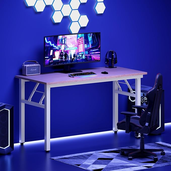 DlandHome 47 inches Folding Table Computer Desk Portable Activity Conference Table Home Office Desk, Fully Assembled Pink Oak Destop with White Frame