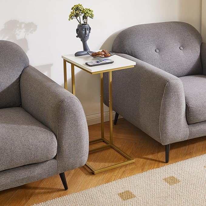 Small Side Tables C Shaped, End Table, Small Table Stand for Living Room Bedroom, Little Bedside Table 16x12x25 inch White+Gold YD-TM051WG